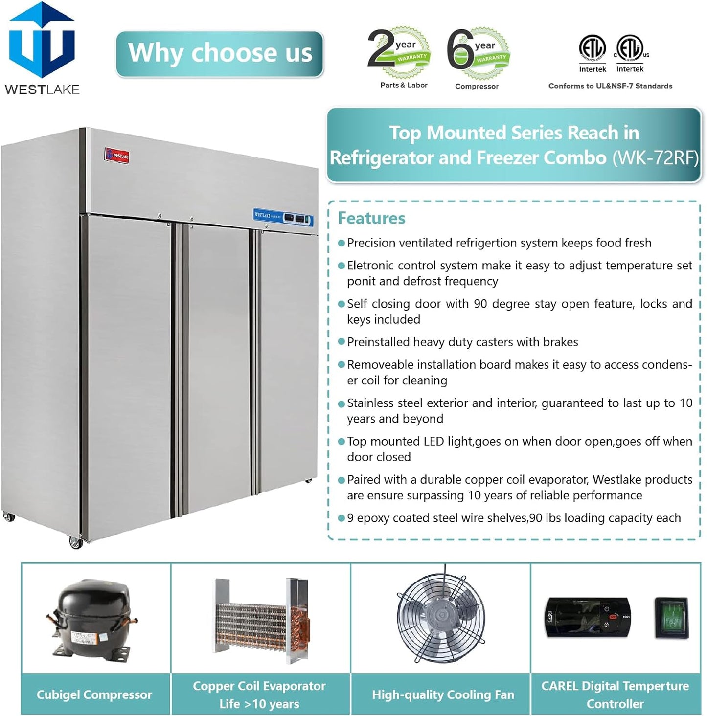 Commercial Refrigerator and Freezer Combo, WESTLAKE 72" 3 door Reach-In Commercial Fridge and Freezer Combination