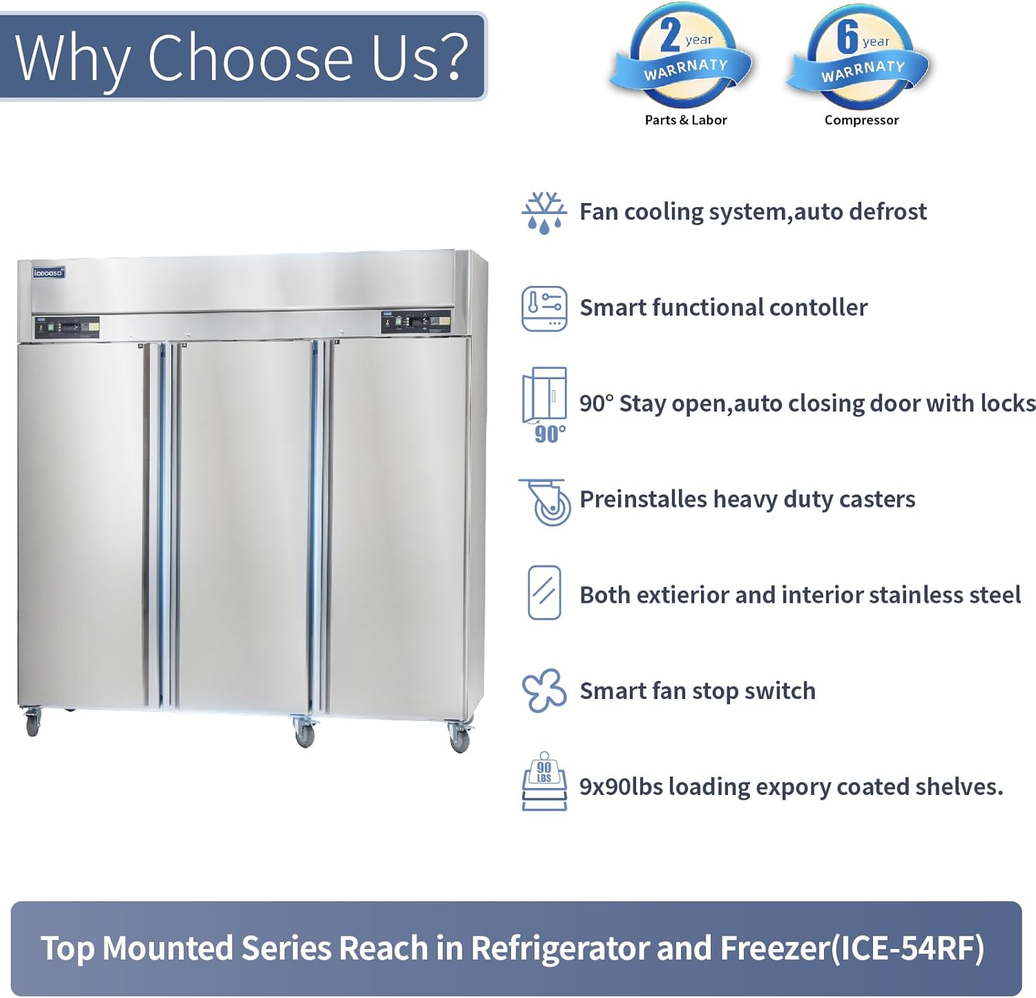 ICECASA 3 Door Commercial Fridge With Freezer, 72" Reach-In Industrial Freezer And Refrigerator