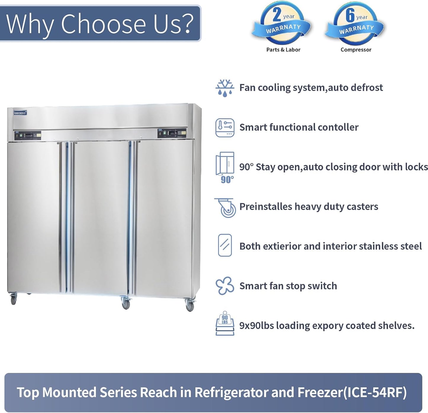 ICECASA 3 Door Commercial Fridge With Freezer, 72" Reach-In Industrial Freezer And Refrigerator
