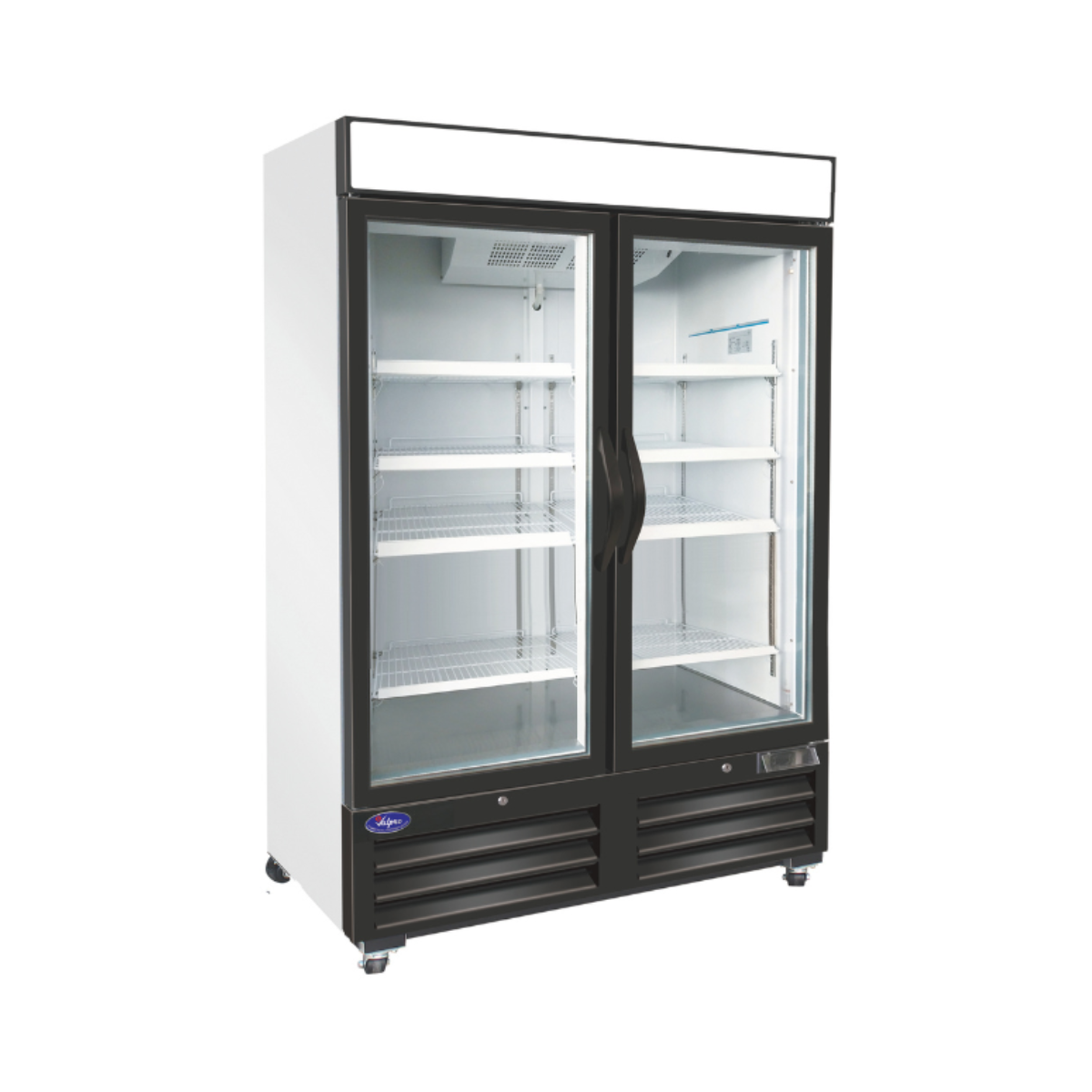 VALPRO VP2F-48FDVHC TWO SWING GLASS DOOR MERCHANDISER DOUBLE VOLT FREEZER – 48 CU. FT. With Top Lighted Sign Panel