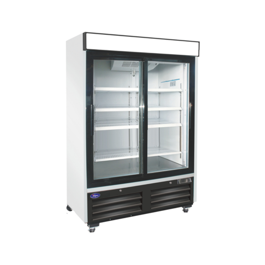 VALPRO VP2R-48LHC TWO SLIDING GLASS DOOR MERCHANDISER REFRIGERATOR – 48 CU. FT. With Top Sign Panel