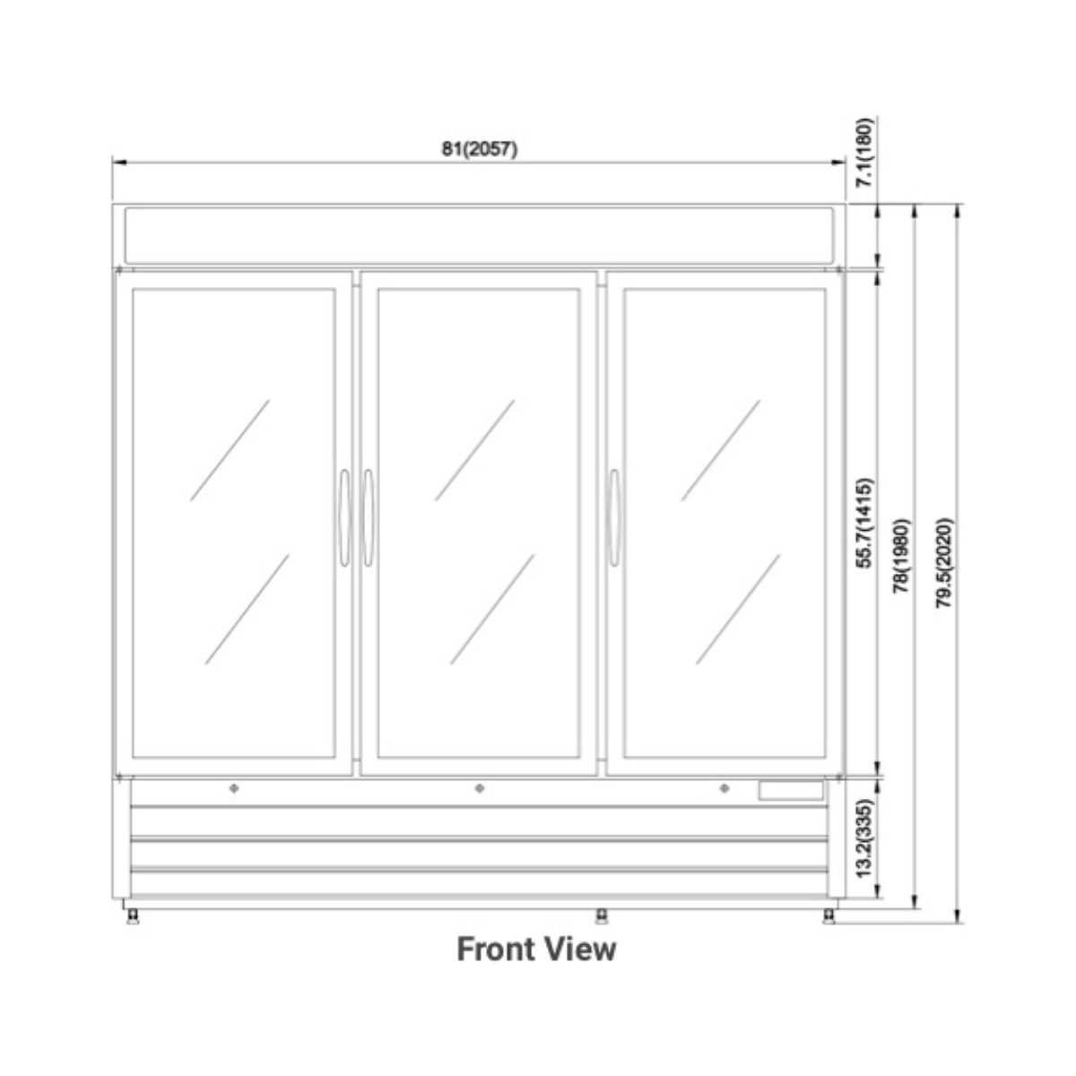 VALPRO VP3F-72FDVHC THREE SWING GLASS DOOR MERCHANDISER DOUBLE VOLT FREEZER – 72 CU. FT. With Top Lighted Sign Panel