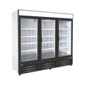 VALPRO VP3F-72FDVHC THREE SWING GLASS DOOR MERCHANDISER DOUBLE VOLT FREEZER – 72 CU. FT. With Top Lighted Sign Panel