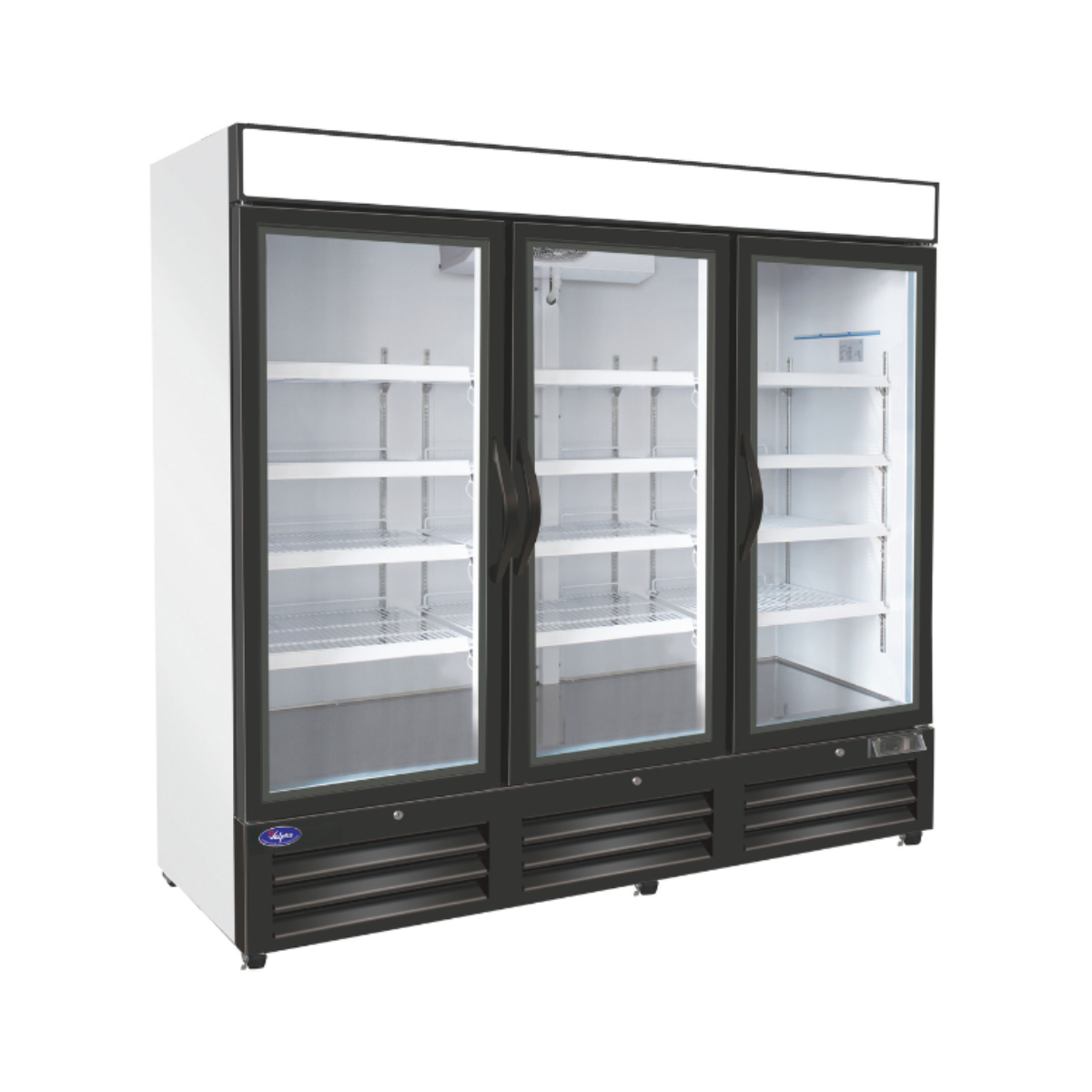 VALPRO VP3F-72FDVHC THREE SWING GLASS DOOR MERCHANDISER DOUBLE VOLT FREEZER – 72 CU. FT. With Top Lighted Sign Panel
