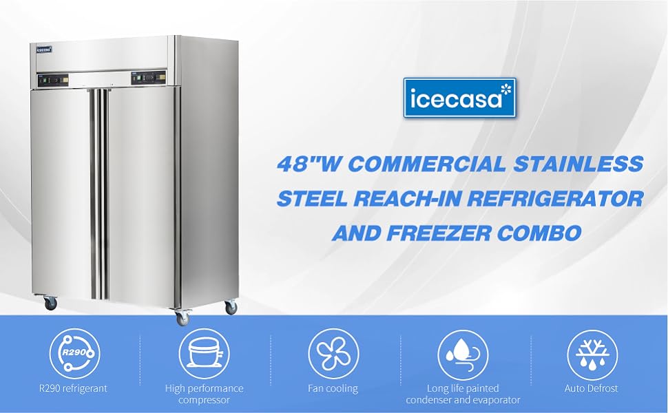 ICECASA 2 Door Commercial Refrigerator Freezer Combo, Restaurant 48 Inch Reach-In Commercial Upright Fridge and Freezer Combo
