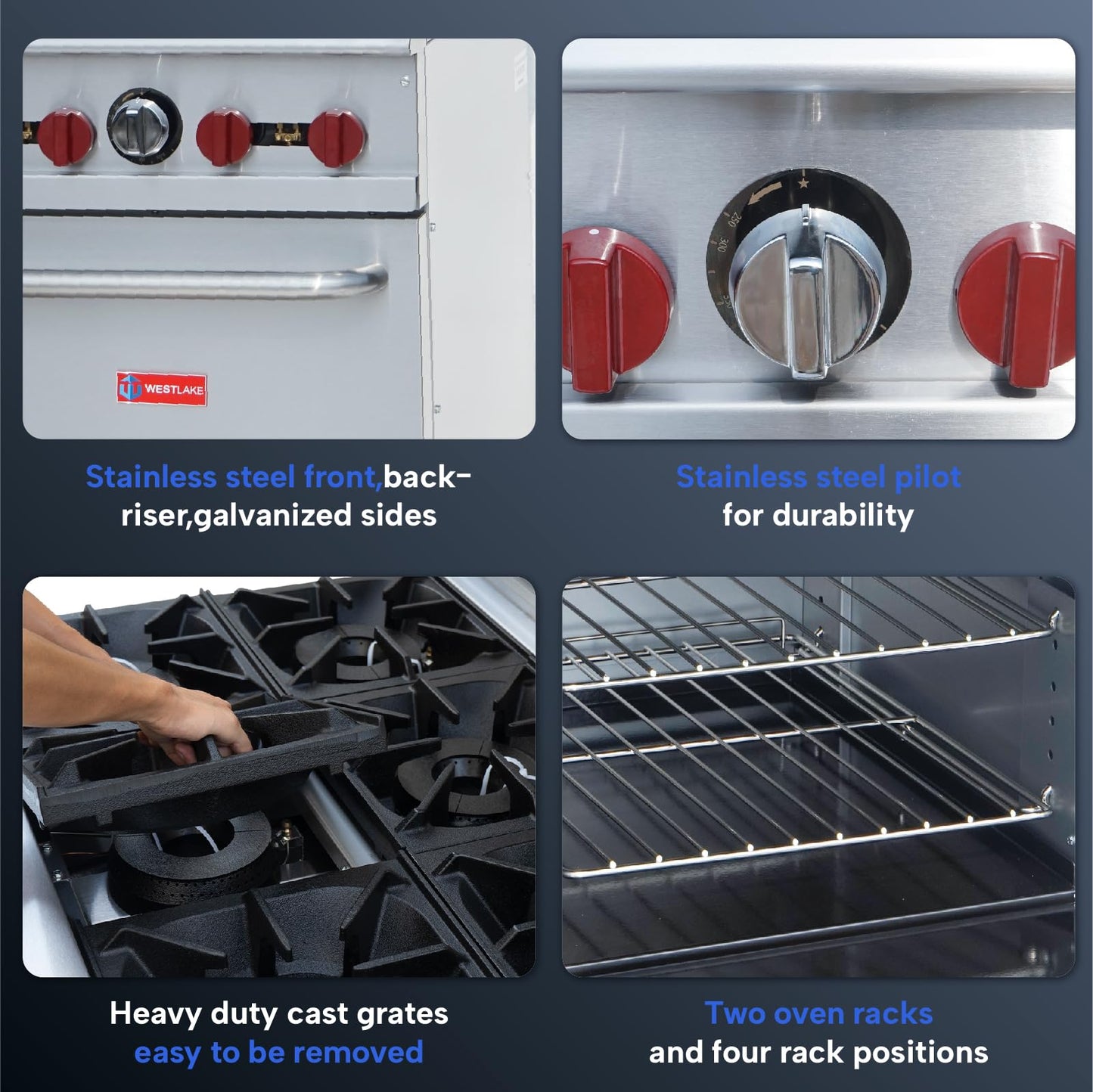 Commercial Gas Range & Stove, WESTLAKE 4 Burner 24" Commercial Gas Range with Standard Oven - 151,000 BTU