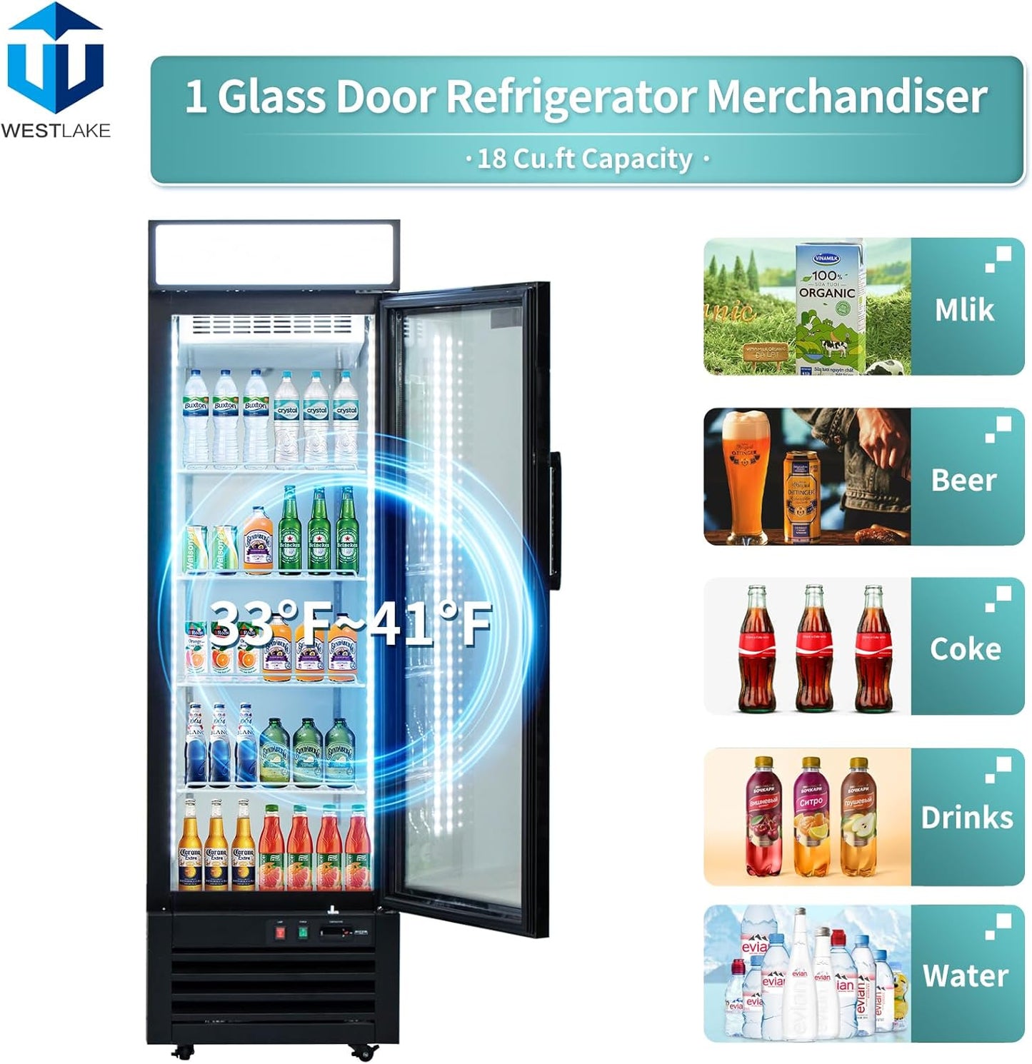 Commercial Refrigerator 1 Glass Door, WESTLAKE 24" W Merchandiser Reach-in Cooler Upright Fridge 13 Cu.ft for Restaurant, Bar, Shop, Retail