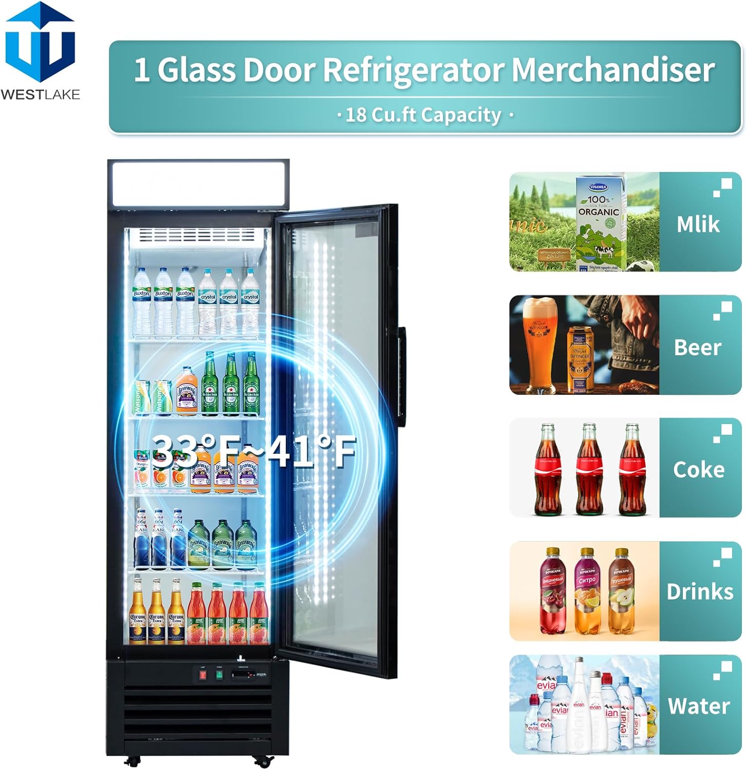 Commercial Refrigerator 1 Glass Door, WESTLAKE 24" W Merchandiser Reach-in Cooler Upright Fridge 13 Cu.ft for Restaurant, Bar, Shop, Retail