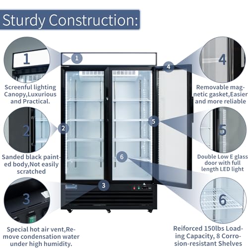 ICECASA 48" W Merchandiser Commercial Display Refrigerator Double Glass Door Reach-in 36 Cu.ft Stainless Steel Display Refrigerator Fan Cooling for Restuarant, Bar, Shop, etc