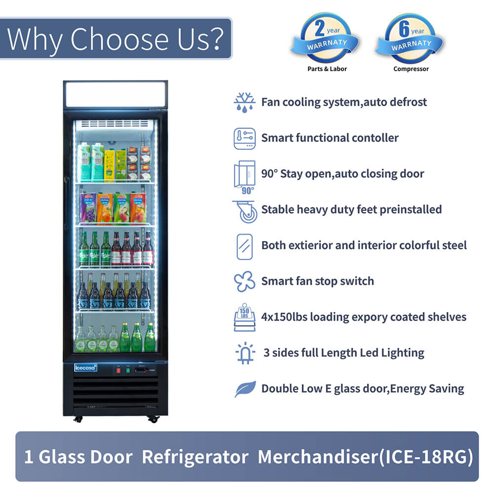 ICECASA 24 Inch 1 Door Commercial Display Refrigerator, Single Glass Door Commercial Reach-in Merchandiser Refrigerator