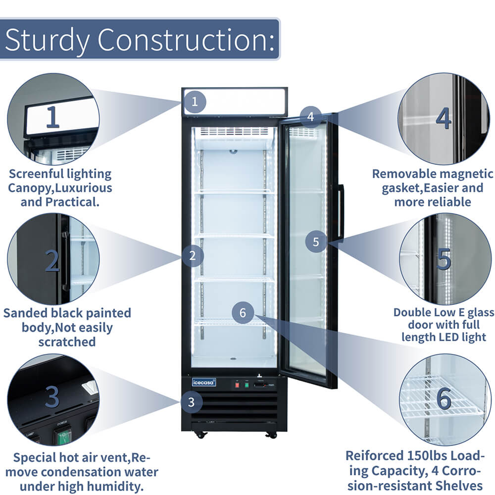 ICECASA 24 Inch 1 Door Commercial Display Refrigerator, Single Glass Door Commercial Reach-in Merchandiser Refrigerator