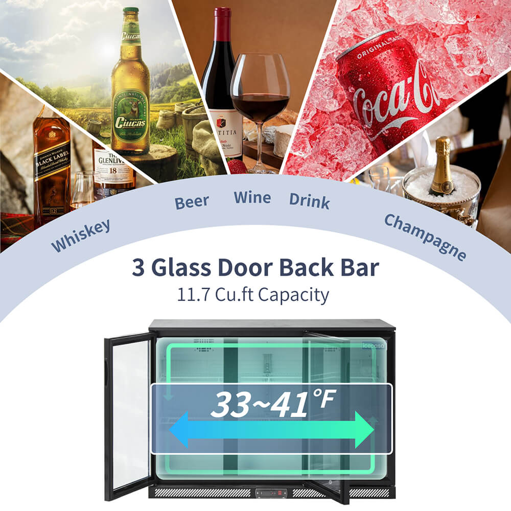 ICECASA Beverage Refrigerator, 3 Glass Door Back Bar Fridge Commericial Beer Cooler Merchandiser