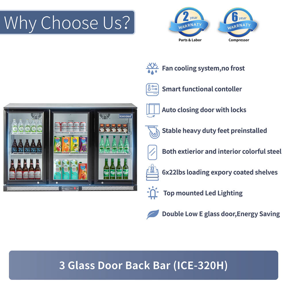 ICECASA Beverage Refrigerator, 3 Glass Door Back Bar Fridge Commericial Beer Cooler Merchandiser