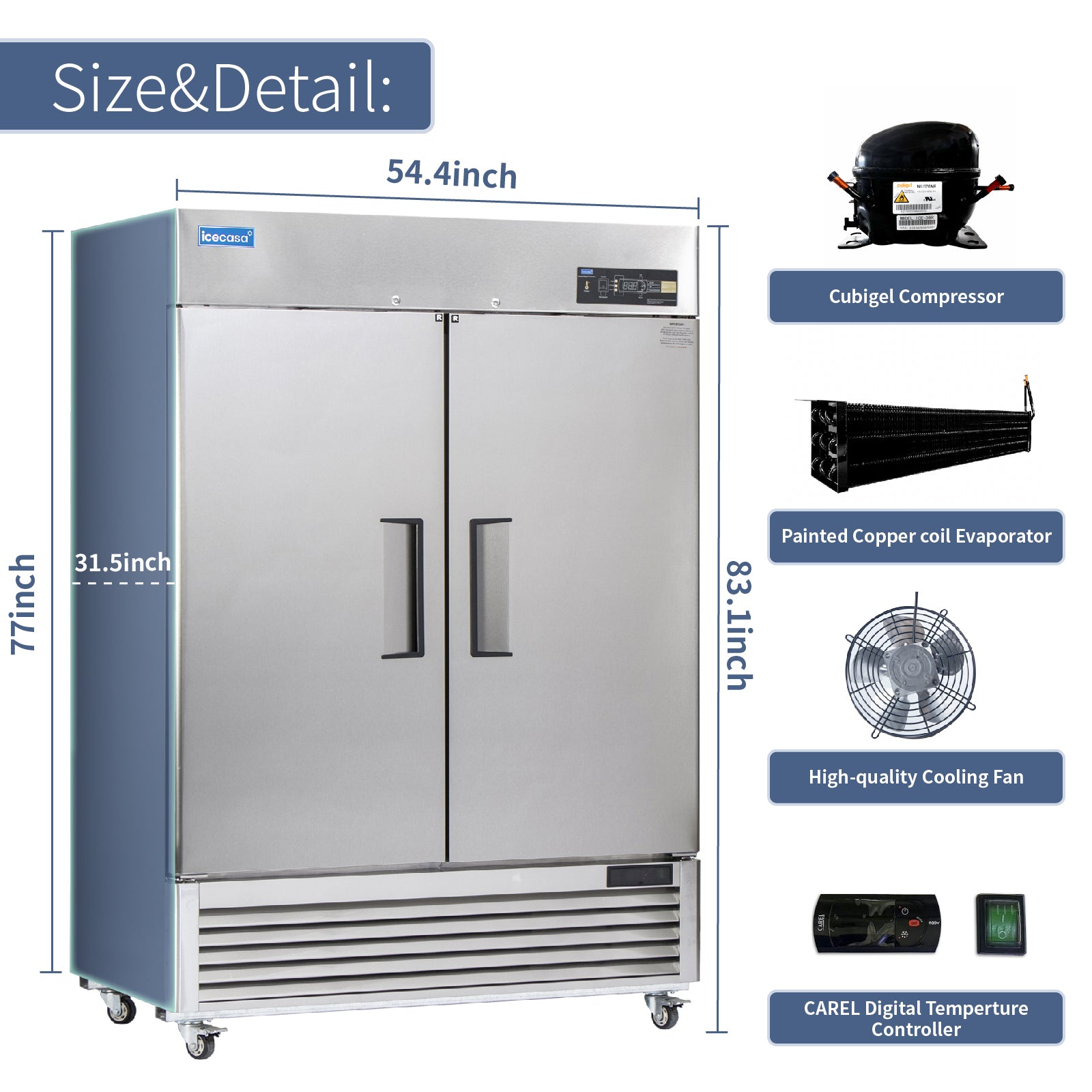 2 Door Commercial Refrigerator, ICECASA 54 Inch Restaurant Commercial Upright Fridge,  Reach-In Cooler