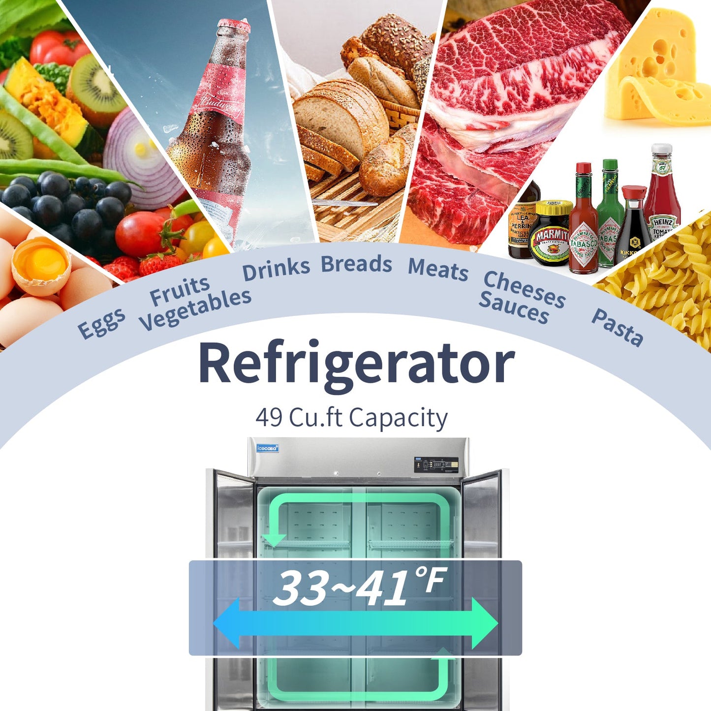 2 Door Commercial Refrigerator, ICECASA 54 Inch Restaurant Commercial Upright Fridge,  Reach-In Cooler