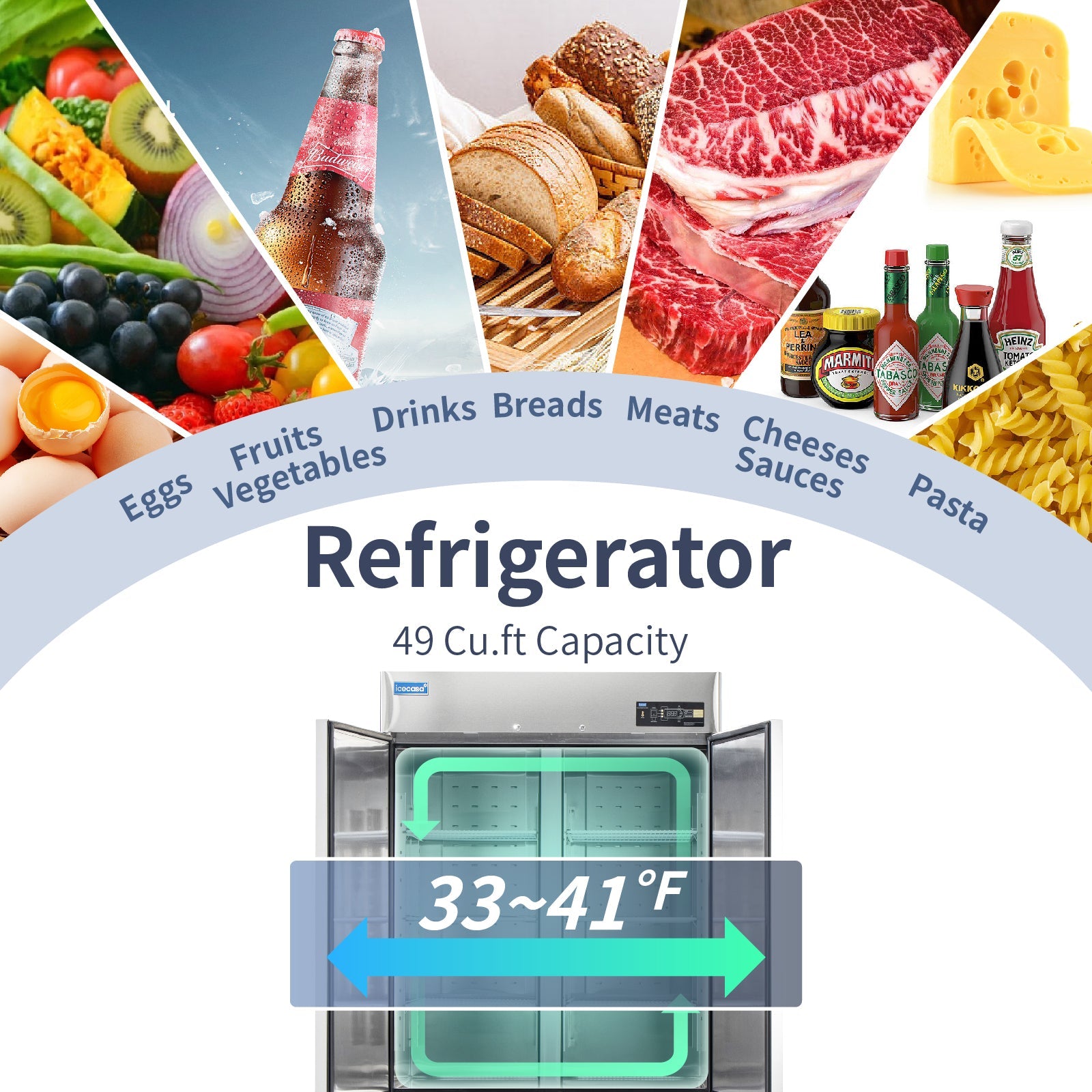 2 Door Commercial Refrigerator, ICECASA 54 Inch Restaurant Commercial Upright Fridge,  Reach-In Cooler