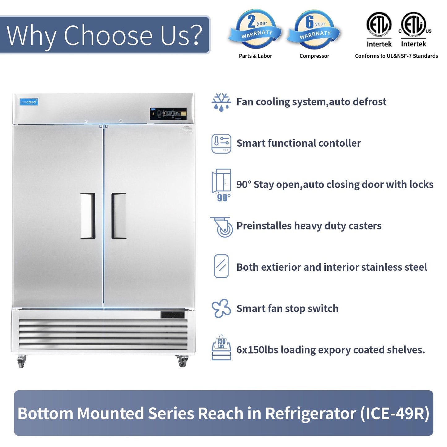 2 Door Commercial Refrigerator, ICECASA 54 Inch Restaurant Commercial Upright Fridge,  Reach-In Cooler
