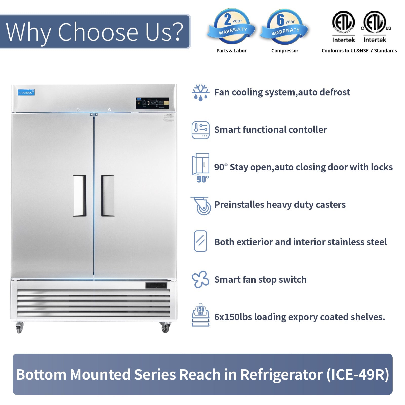 2 Door Commercial Refrigerator, ICECASA 54 Inch Restaurant Commercial Upright Fridge,  Reach-In Cooler