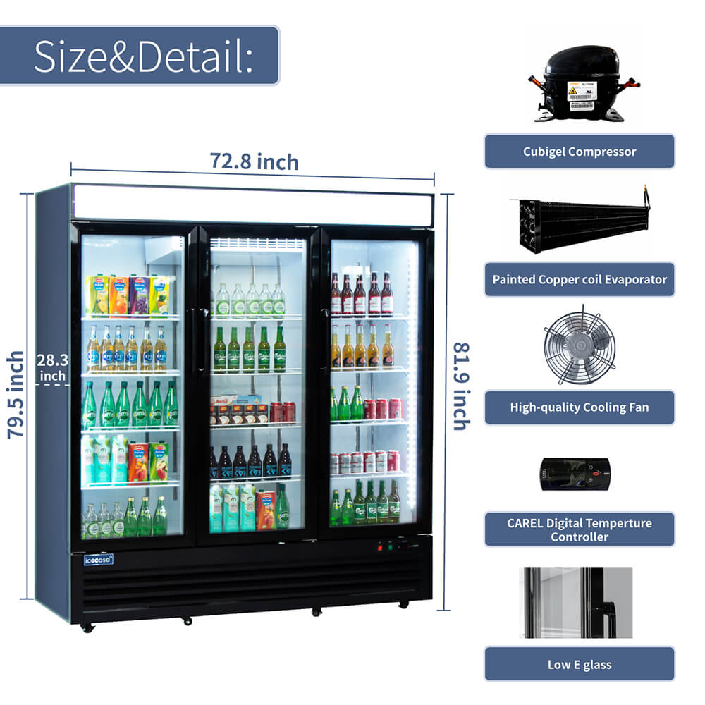 ICECASA 72 Inch 3 Door Commercial Display Refrigerator, 3 Glass Door Commercial Reach-in Merchandiser Refrigerator