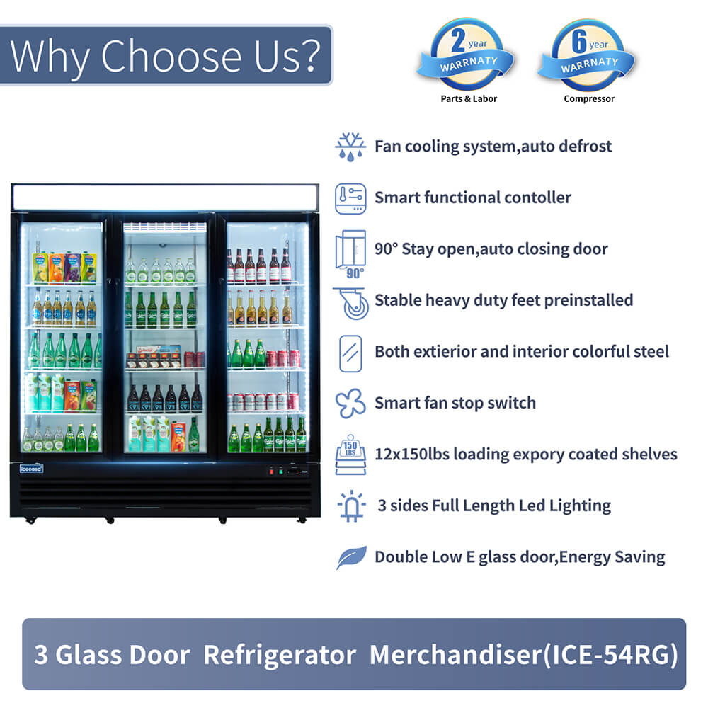 ICECASA 72 Inch 3 Door Commercial Display Refrigerator, 3 Glass Door Commercial Reach-in Merchandiser Refrigerator