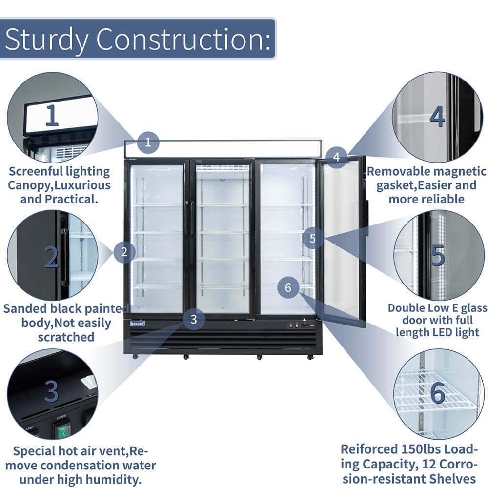 ICECASA 72 Inch 3 Door Commercial Display Refrigerator, 3 Glass Door Commercial Reach-in Merchandiser Refrigerator