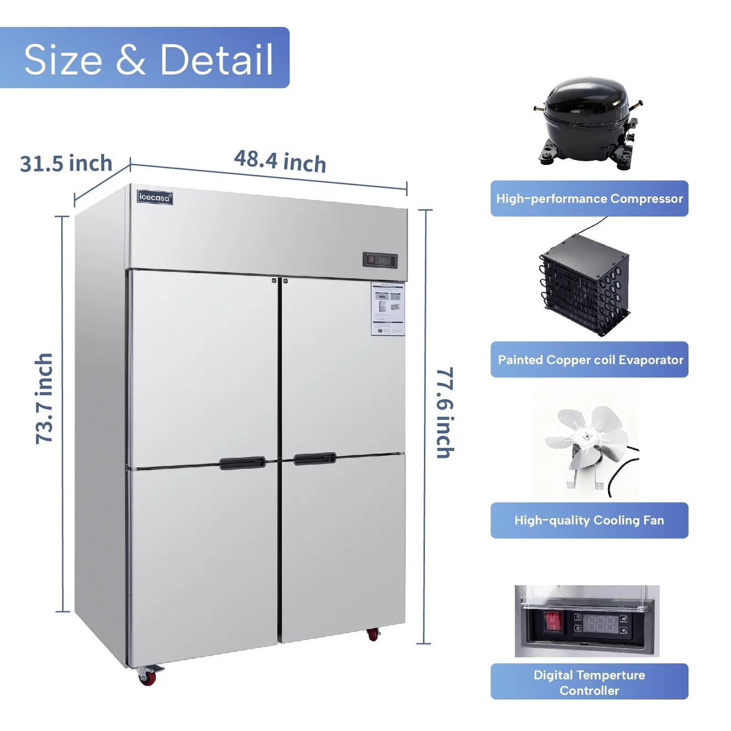 ICECASA 48 Inch Commercial Reach-In Refrigerator, 4 Split Doors, Stainless Steel Upright Cooler