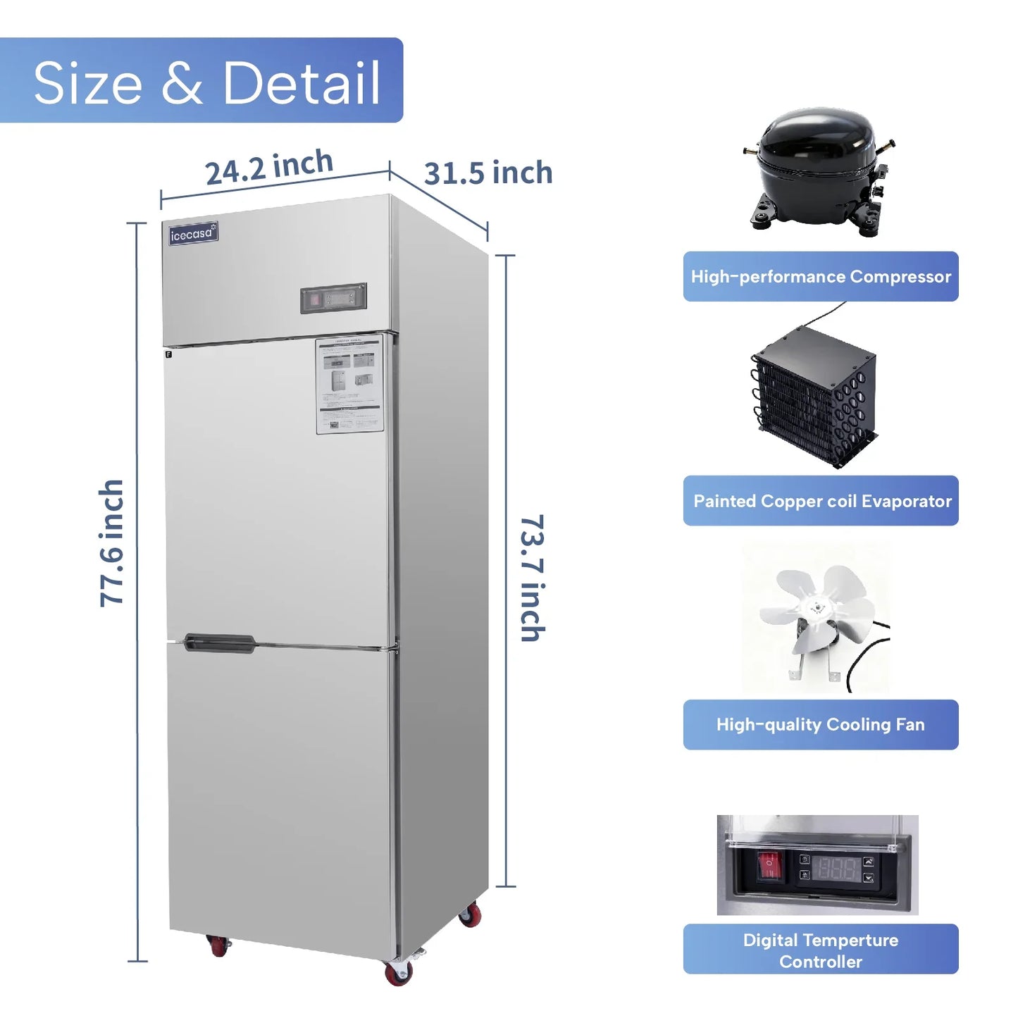 ICECASA 24 英寸商用冷冻柜，双分门，不锈钢立式冷冻柜