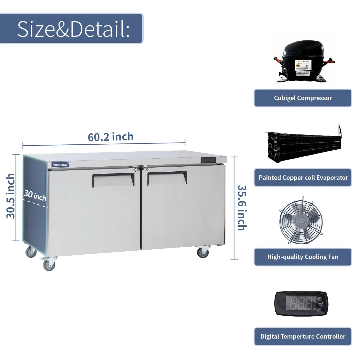 Commercial Undercounter Refrigerator, ICECASA 60 Inch 2 Door Under Counter Lowboy Fridge Worktop Cooler