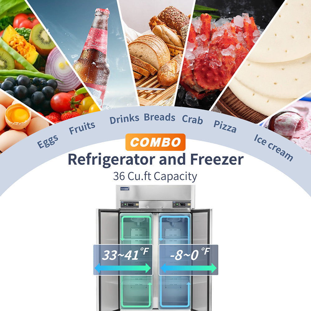 ICECASA 2 Door Commercial Fridge With Freezer, 48" Reach-In Industrial Freezer And Refrigerator