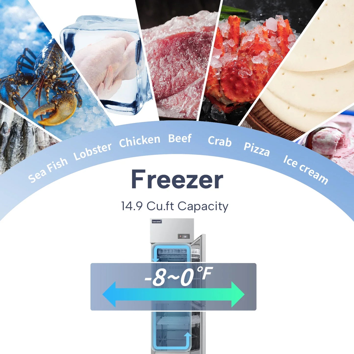 ICECASA 24 英寸商用冷冻柜，双分门，不锈钢立式冷冻柜