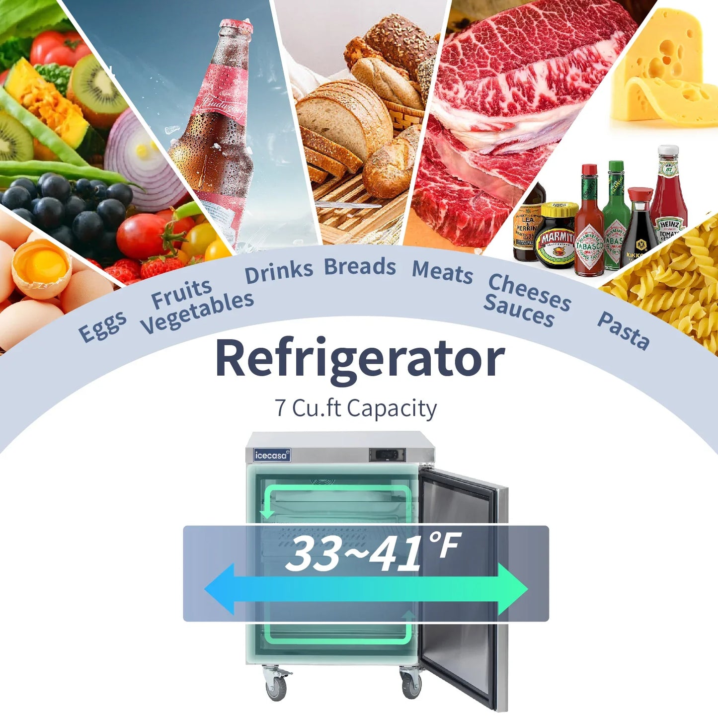 Commercial Undercounter Refrigerator, ICECASA 27 Inch 1 Door Under Counter Lowboy Fridge Worktop Cooler