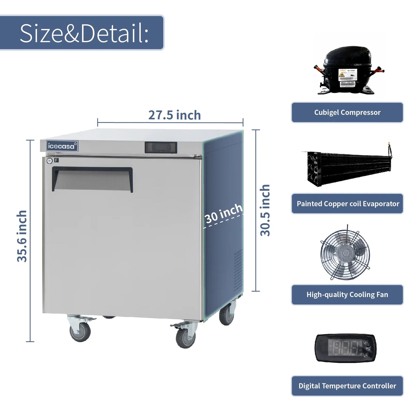 Commercial Undercounter Freezer, ICECASA 27 Inch 1 Door Under Counter Lowboy Worktop Freezer