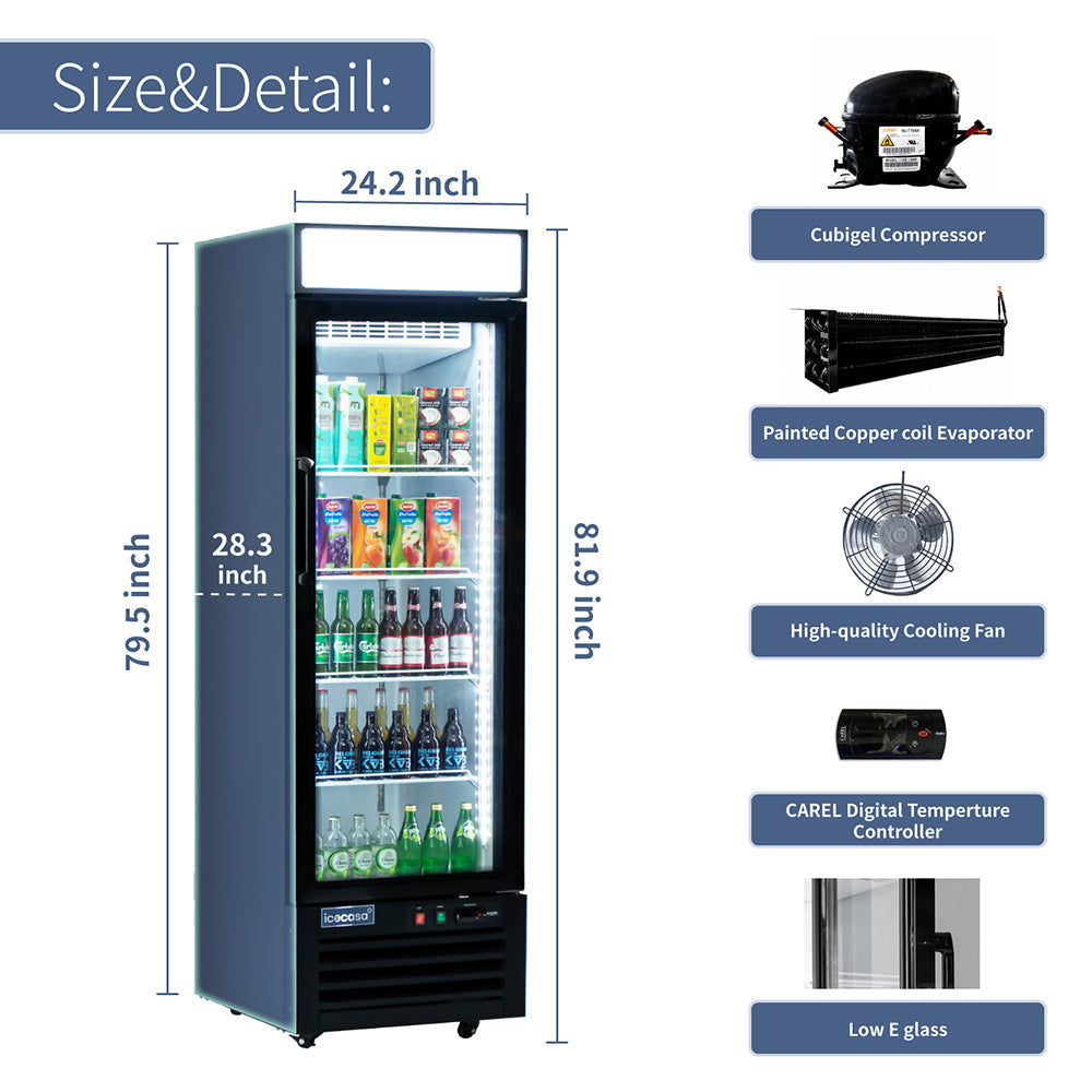 ICECASA 24" 1 Door Commercial Beverage Cooler, Single Glass Door Commercial Drink Refrigerator