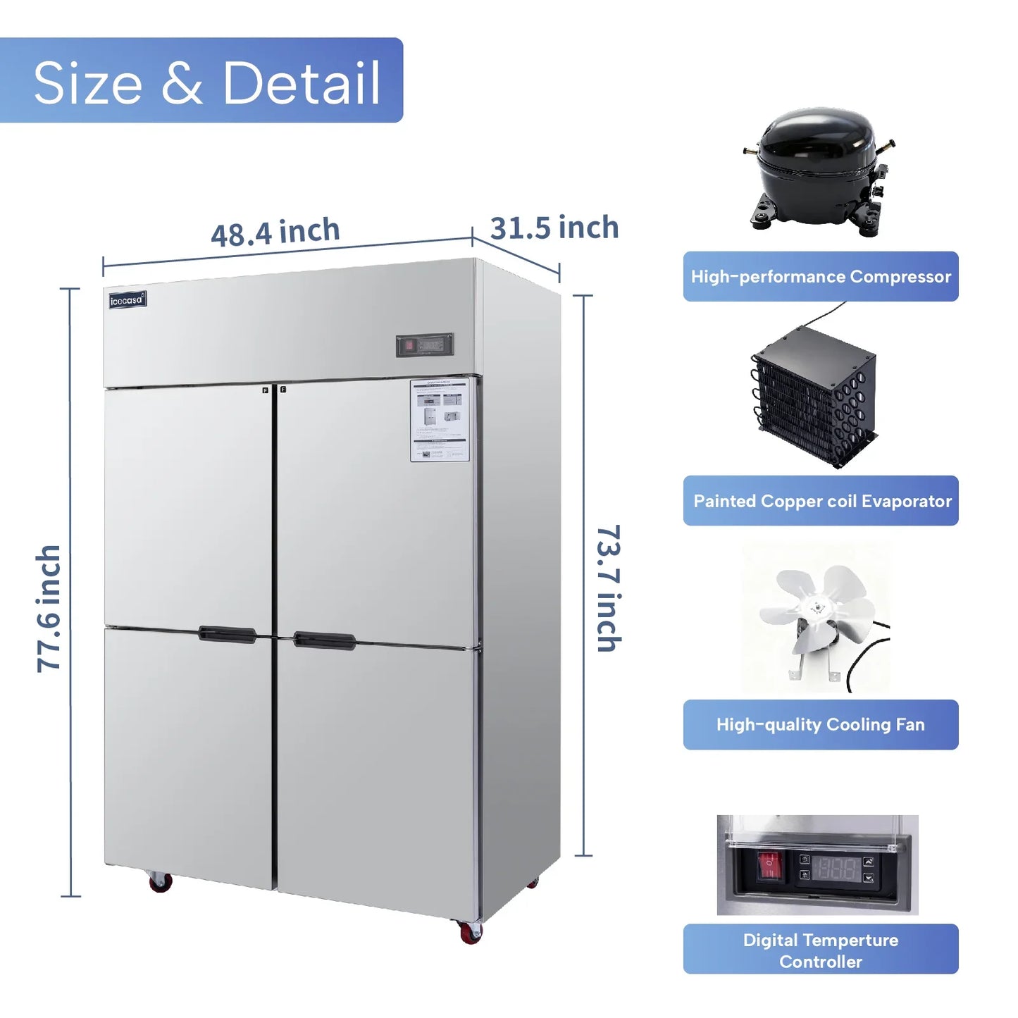ICECASA 48英寸商用立式冷冻柜，四开门，不锈钢立式冷冻柜