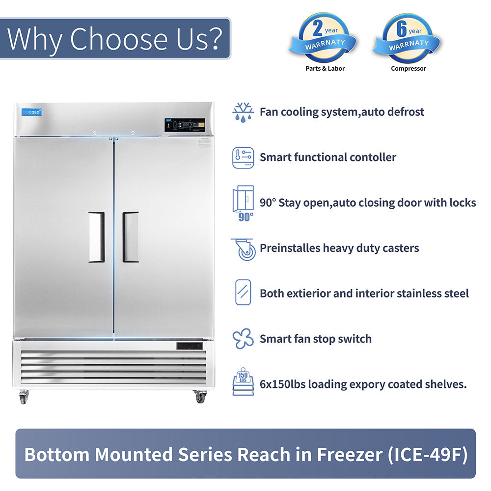 ICECASA 54" Freezer For Commercial, Industrial 2 Door Reach-In Commercial Stand Up Freezer