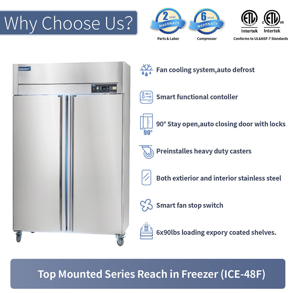 ICECASA 48" Freezer For Commercial, Industrial 1 Door Reach-In Commercial Stand Up Freezer