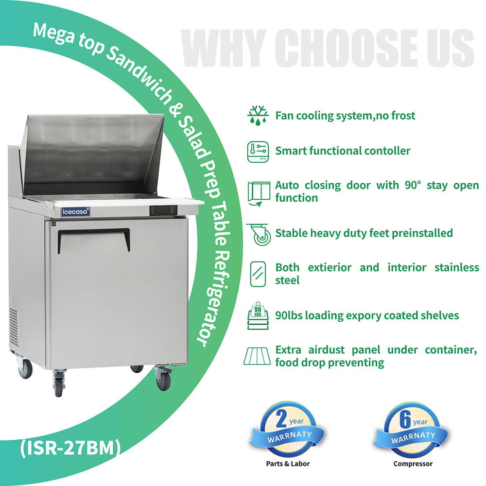 ICECASA 27" Stainless Steel Mega Top Sandwich Prep Table Refrigerator