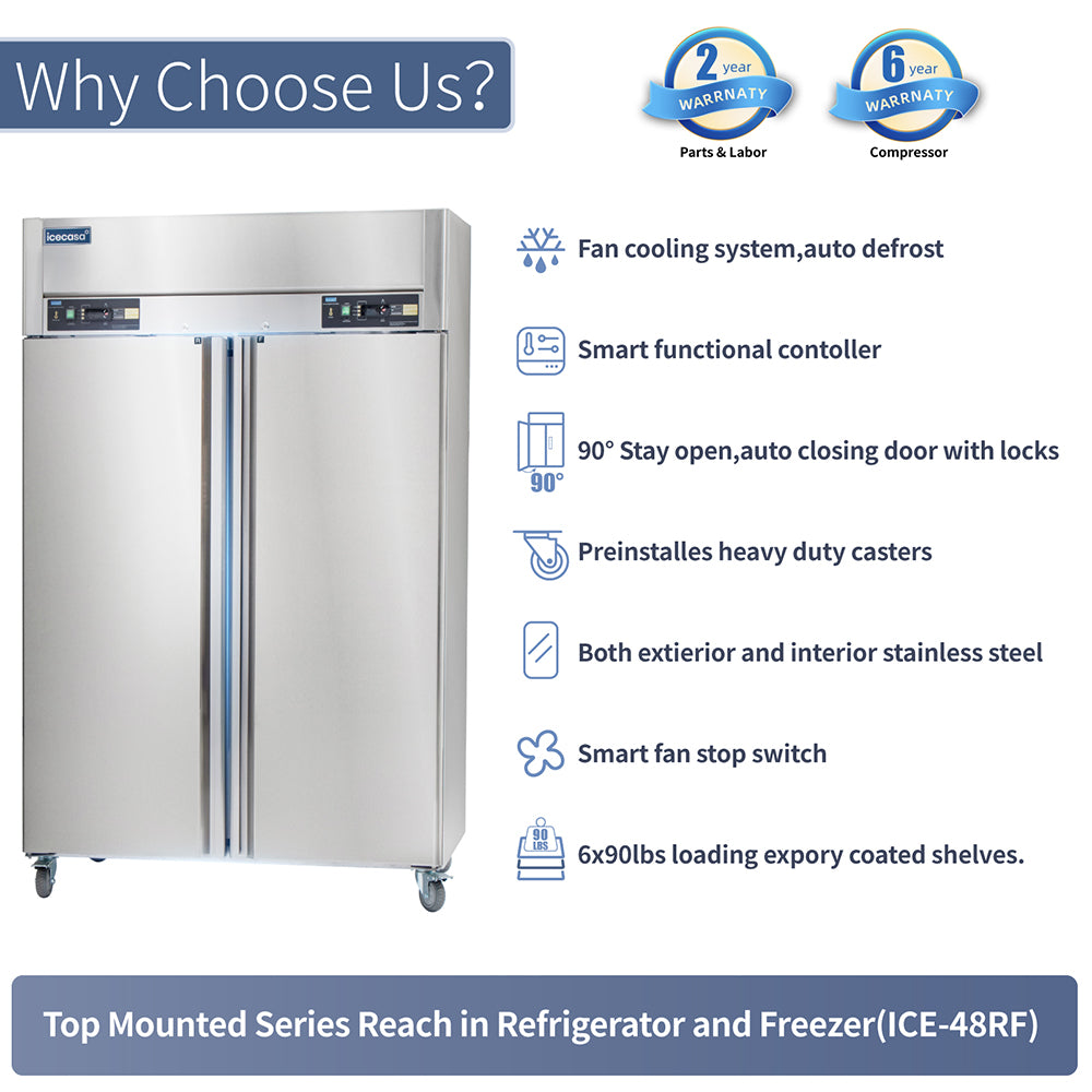 ICECASA 48" Freezer And Fridge Combo, Restaurant 2 Door Reach-In Commercial Fridge And Freezer Combination
