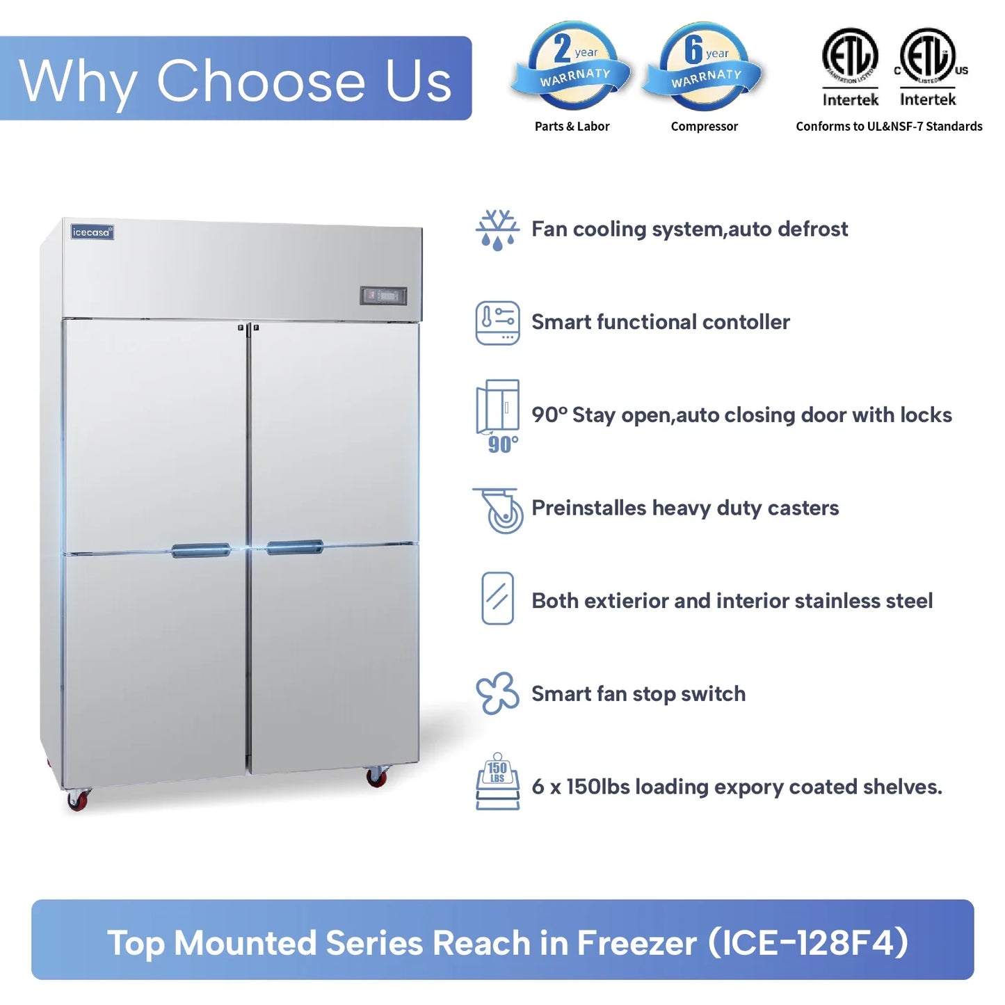 ICECASA 48英寸商用立式冷冻柜，四开门，不锈钢立式冷冻柜