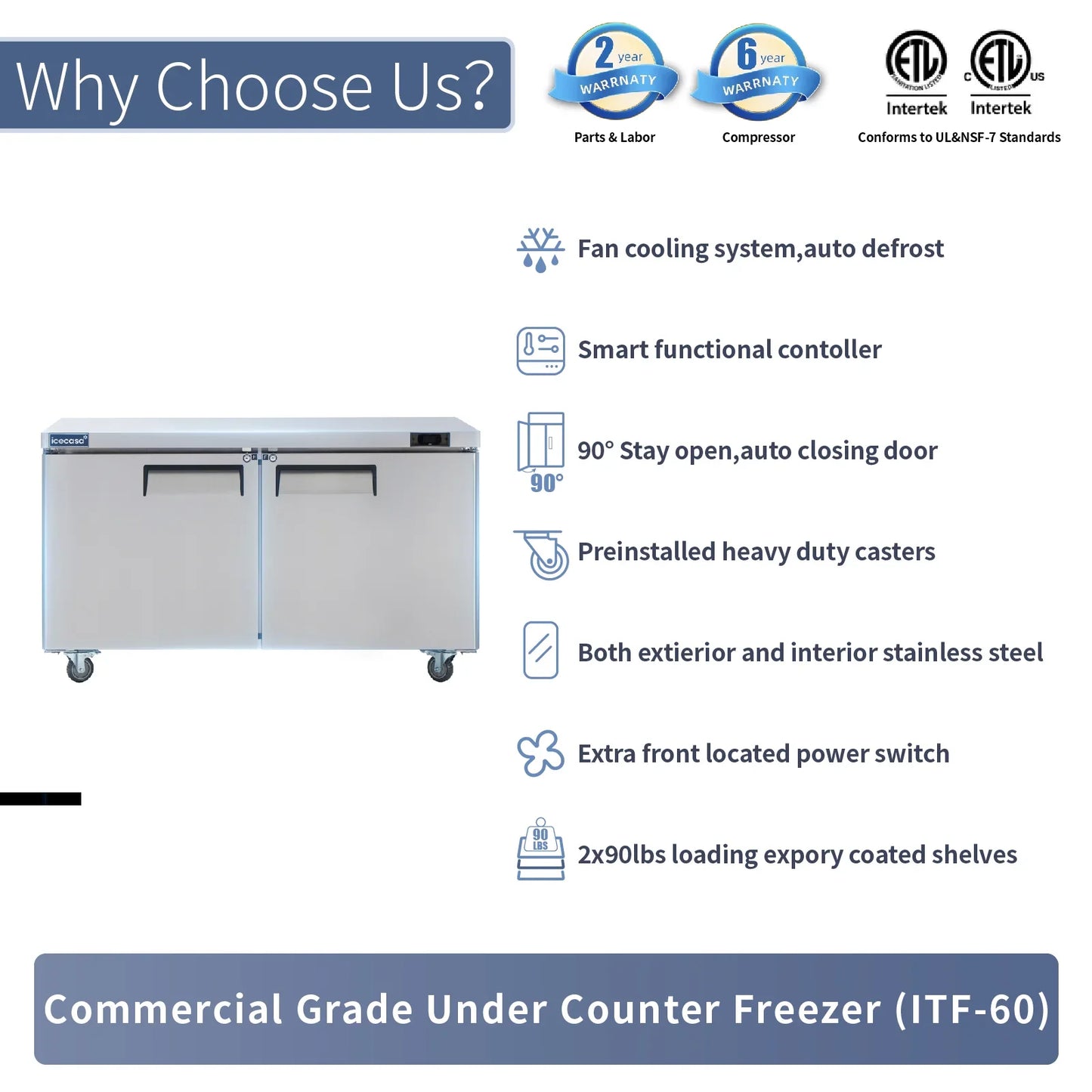 Commercial Undercounter Freezer, ICECASA 60 Inch 1 Door Under Counter Lowboy Worktop Freezer