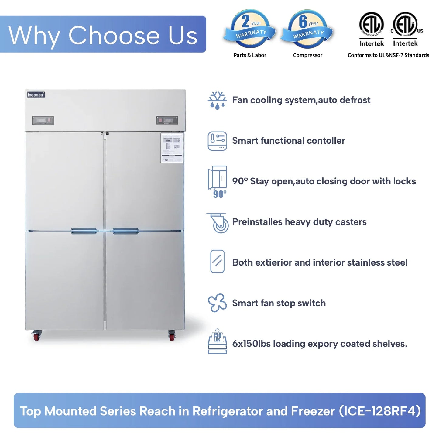 ICECASA 48 Inch Commercial Reach-In Refrigerators and Freezer Combo, 4 Split Doors, Stainless Steel Upright Fridge Freezer