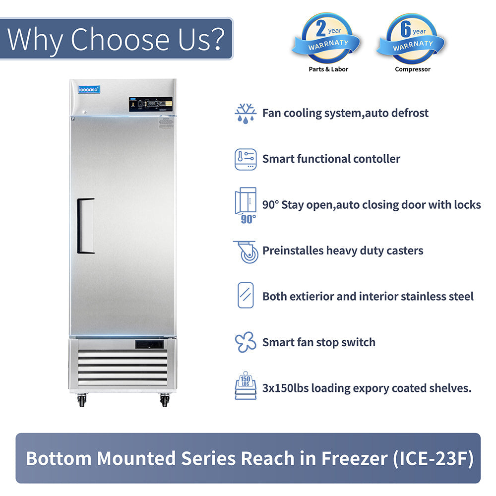 ICECASA 27" Freezer For Commercial, Industrial 1 Door Reach-In Commercial Stand Up Freezer
