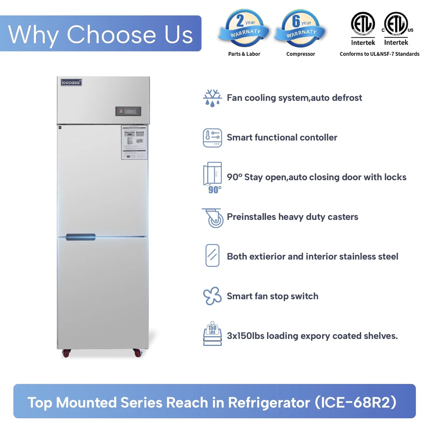 ICECASA 24 Inch Commercial Reach-In Refrigerator, 2 Split Doors, Stainless Steel Upright Cooler
