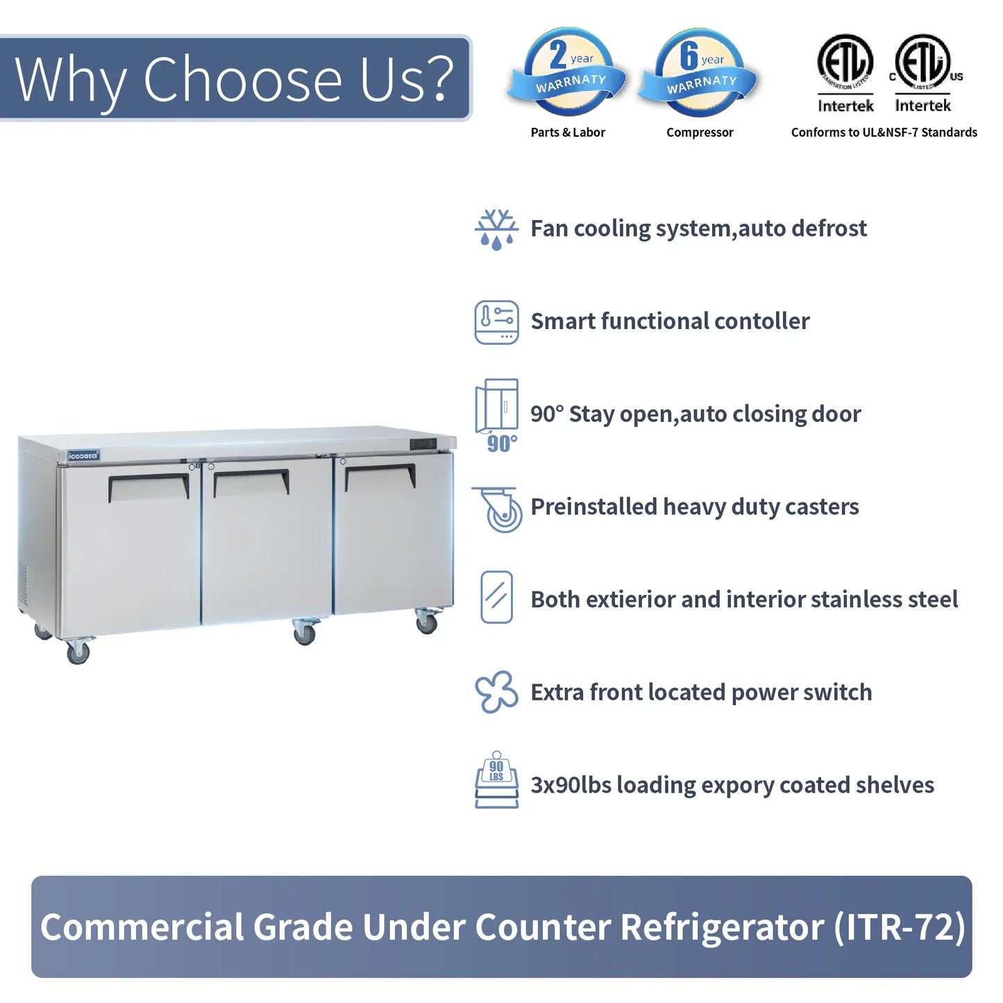 Commercial Undercounter Refrigerator, ICECASA 72 Inch 3 Door Under Counter Lowboy Fridge Worktop Cooler
