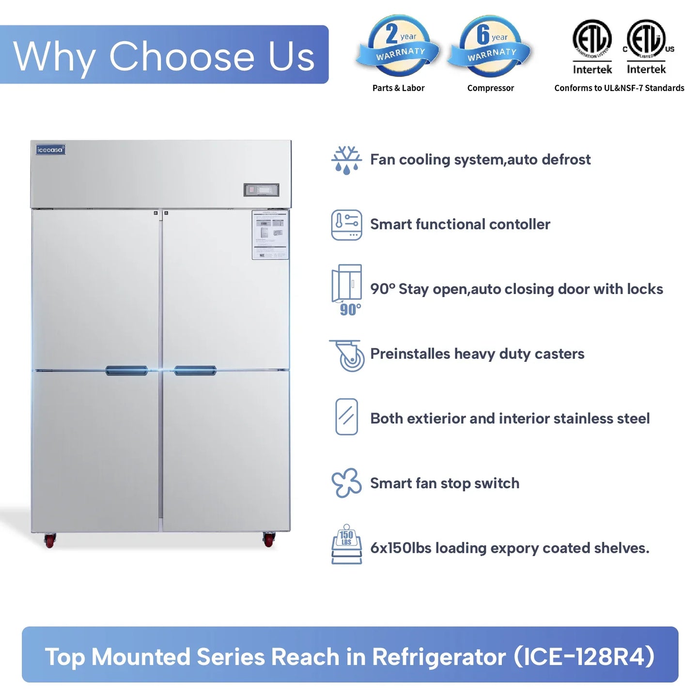ICECASA 48 Inch Commercial Reach-In Refrigerator, 4 Split Doors, Stainless Steel Upright Cooler