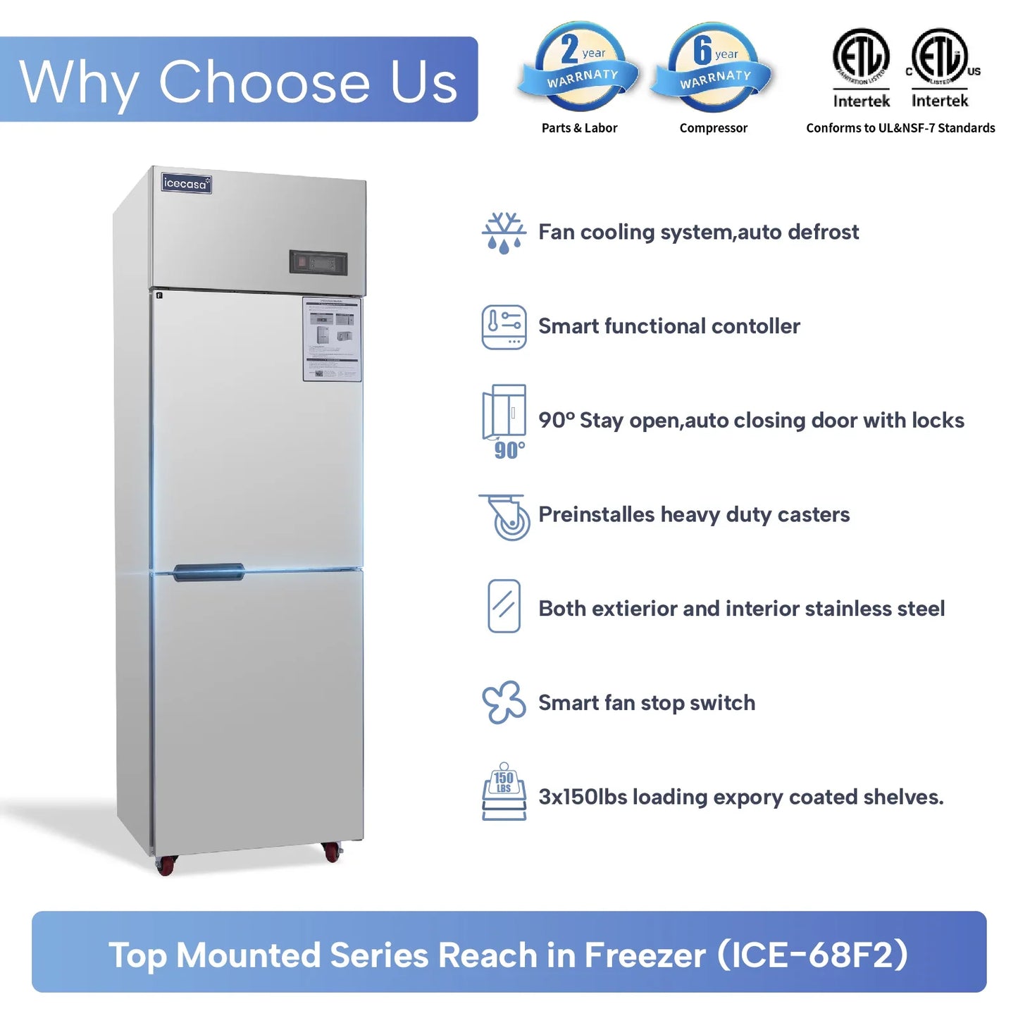ICECASA 24 英寸商用冷冻柜，双分门，不锈钢立式冷冻柜