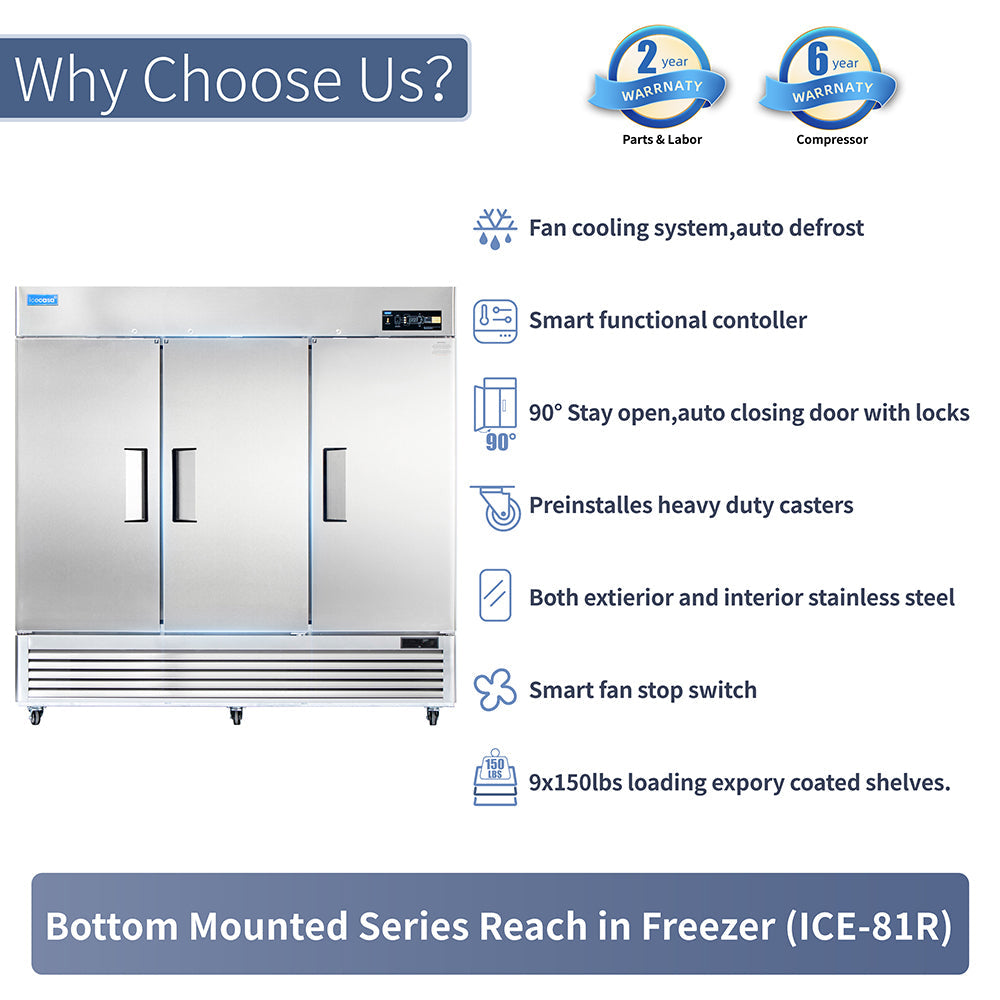 ICECASA 82" Freezer For Commercial, Industrial 3 Door Reach-In Commercial Stand Up Freezer
