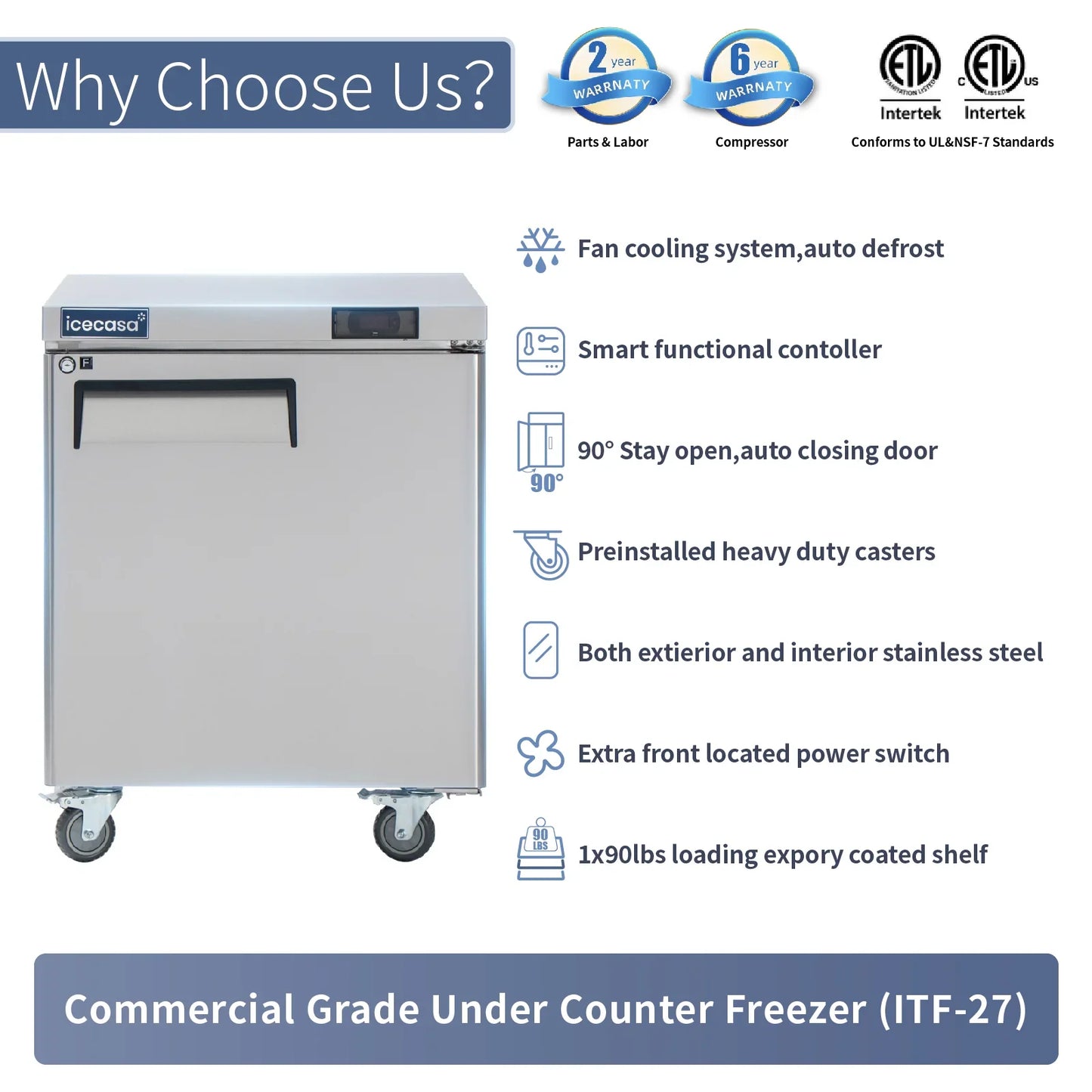 Commercial Undercounter Freezer, ICECASA 27 Inch 1 Door Under Counter Lowboy Worktop Freezer