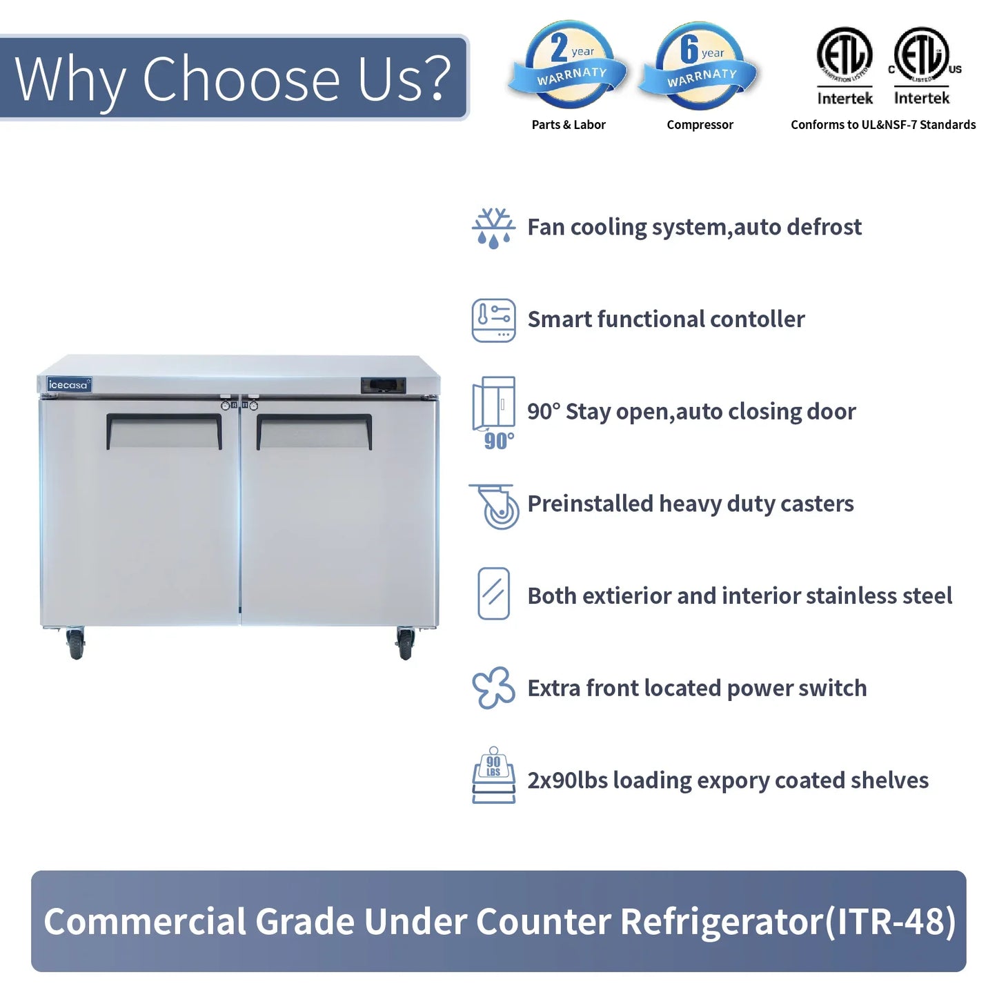Commercial Undercounter Refrigerator, ICECASA 48 Inch 2 Door Under Counter Lowboy Fridge Worktop Cooler