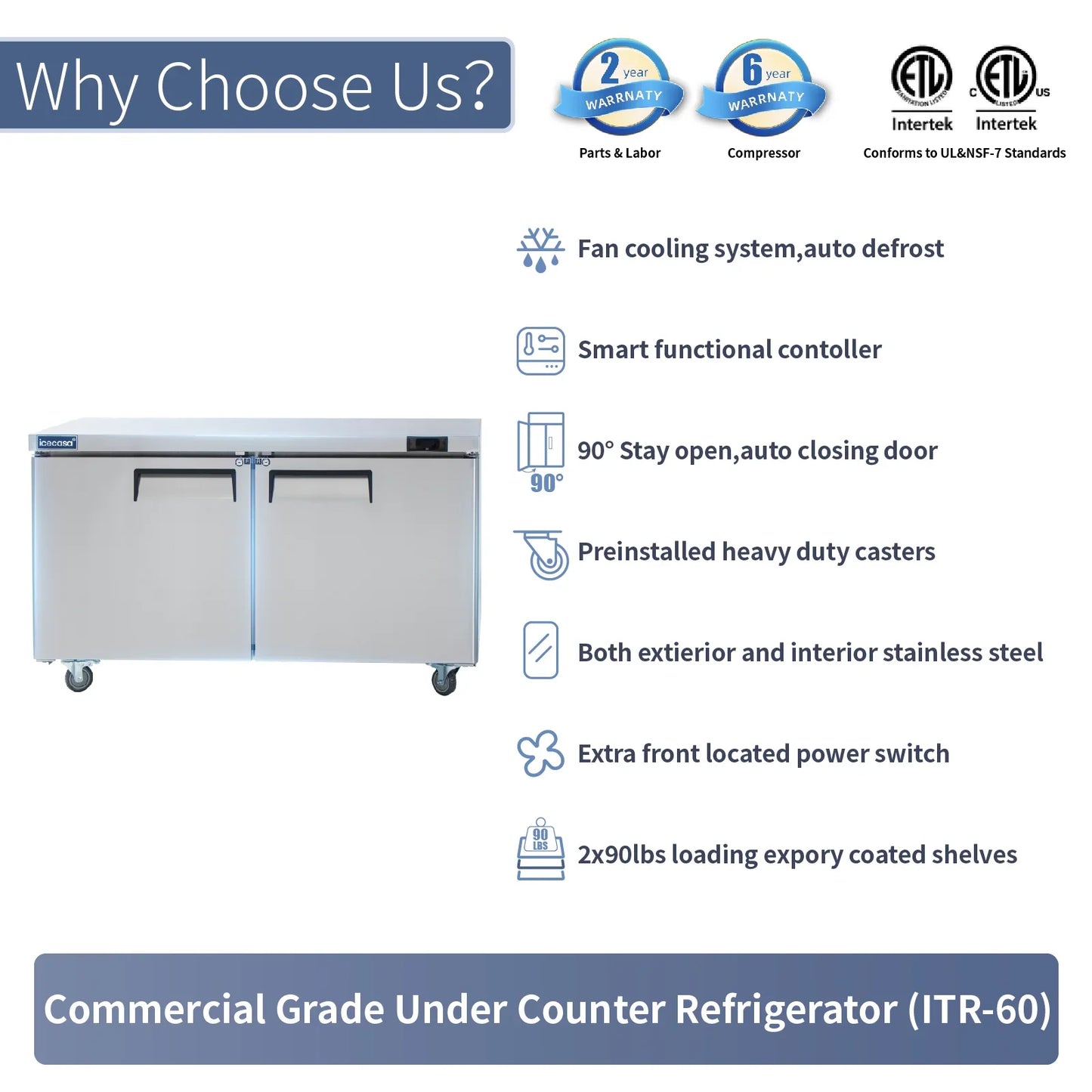 Commercial Undercounter Refrigerator, ICECASA 60 Inch 2 Door Under Counter Lowboy Fridge Worktop Cooler